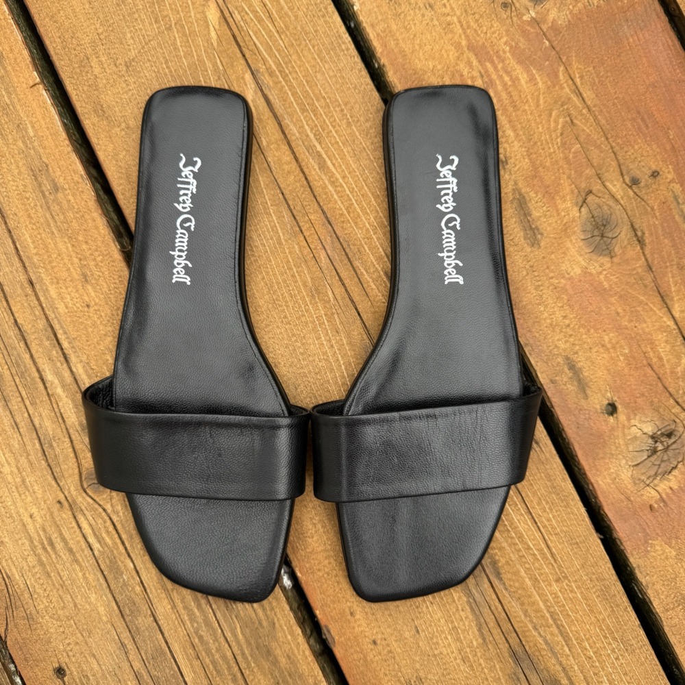 Jeffrey Campbell Womens Black Leather Square Toe Slide Sandals Size 6 37 Flat